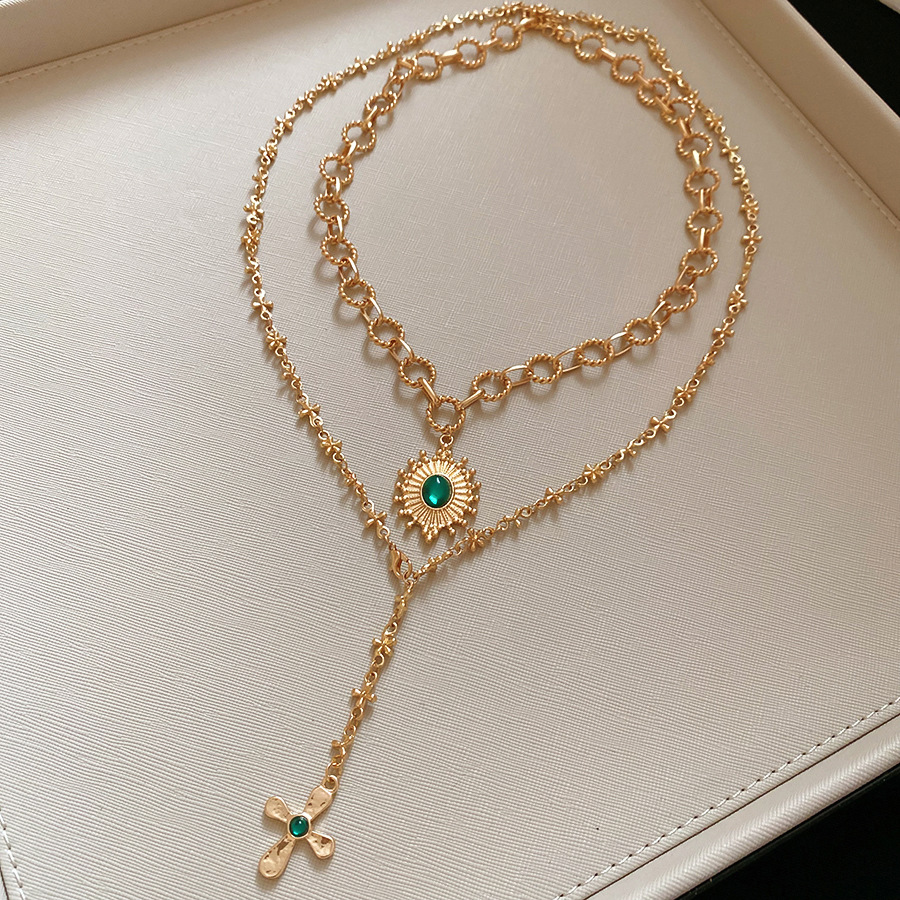 European and American Cross-Border Jewelry Personality Inlaid Diamond Cross Layered for Women Sweet Cool Heart Gemstone Imitation Pearl Necklace-image-1107165079