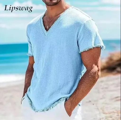 Summer Mens Retro V-neck Cotton Linen Shirts Hawaii Casual Short Sleeve Beach Shirts Outdoors Personalized Mens T-shirt 260522BJ