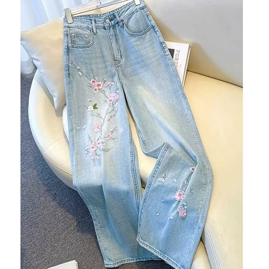Luxury Women's Designer Jeans High-end Light Color 2026 Summer New High Waist Narrow Straight Leg Chinese Element Embroidered Pants Wide Leg St
