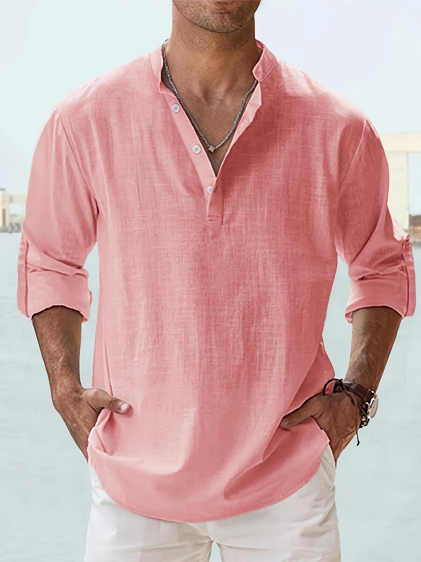 Mens Linen Stand Collar Long Sleeve T-Shirt Loose Fit Solid Color Long Sleeve Cotton Linen Shirt 260522BJ