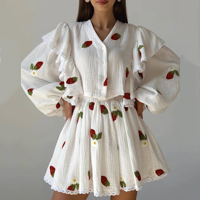 Spring Cotton and Linen Skirts Sets Summer V-Neck Single Breasted Tops and Mini Skirt Two Piece Sets Ladies Lovely Sweet Suits 260520BJ