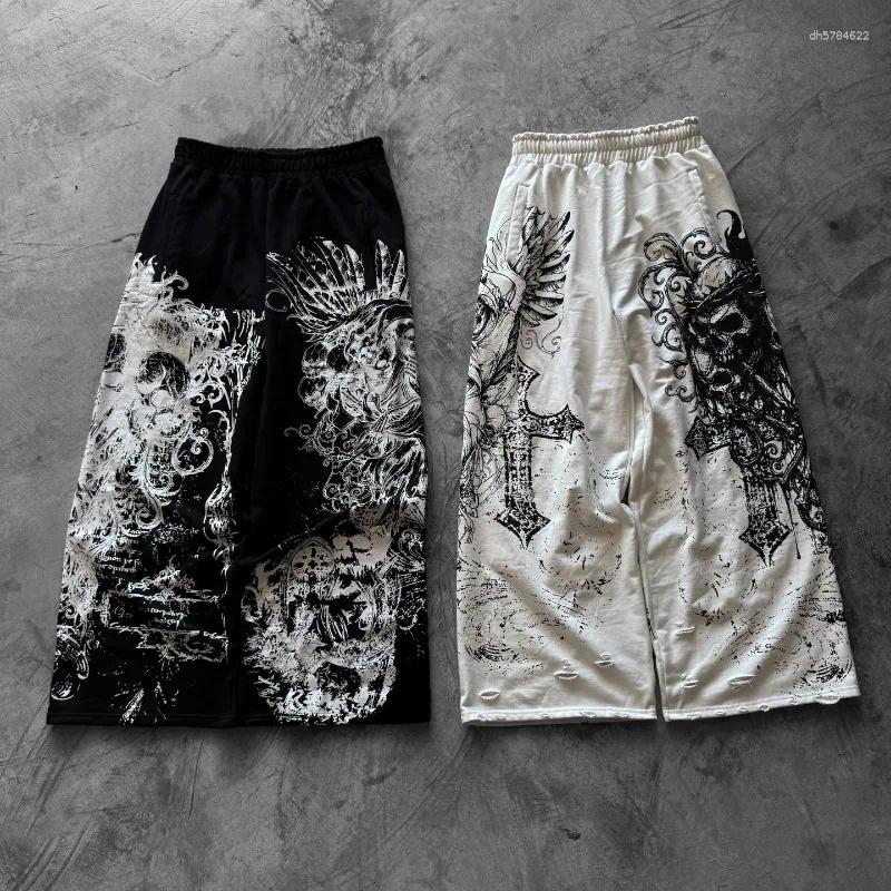 Men's Pants Gothic Skull Cross Print Sweatpants Elastic Waist Wide Leg Streetwear Joggers Casual Loose Trousers