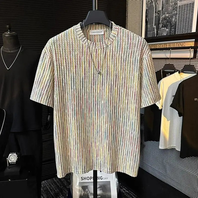 Summer Mens Short Sleeve Jacquard Texture n Casual Rainbow Colour Tshirt Comfortable Round Neck Versatile 260521BJ