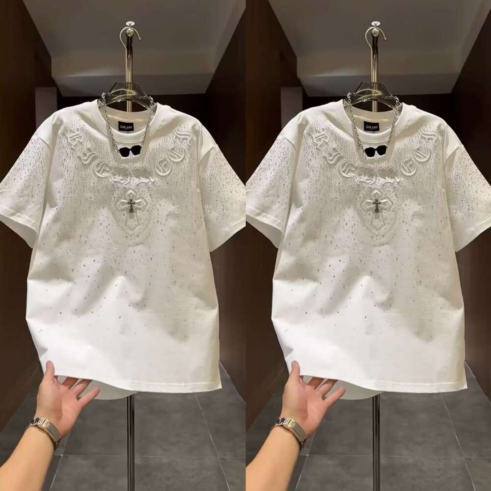 Casual Fashion Rhinestone Men's Short Light Luxury Trendy Brand T Shirt Summer New Korean Style Round Neck Half Sleeve Top ed