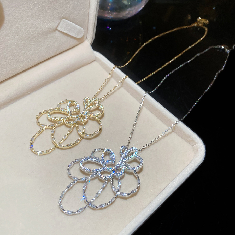 Silver needle zircon bow pendant unique minimalist style, fashionable elegant stud necklace, light luxury and high-end feel, women's necklac-image-1107168920