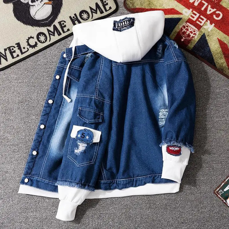 Vintage Denim Woman Spring Autumn Coat Ripped Hooded Outerwear Windbreaker Basic Coats Boyfriend Female Jeans Jacket 260520BJ 6e