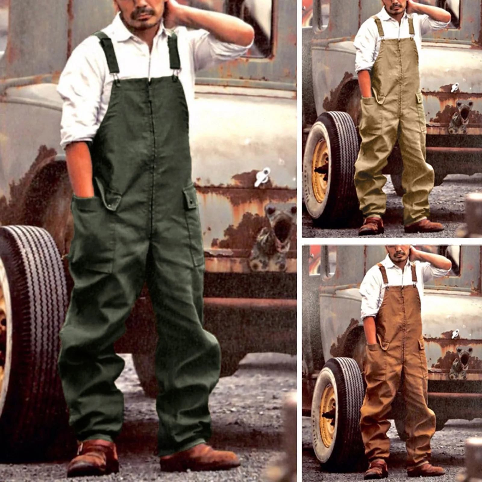 Men Denim Jumpsuit Casual Retro Style Loose Fit Overalls With Large Pockets Soft Thick Fabric Cargo One-Piece Suspenders Trouser 260521BJ