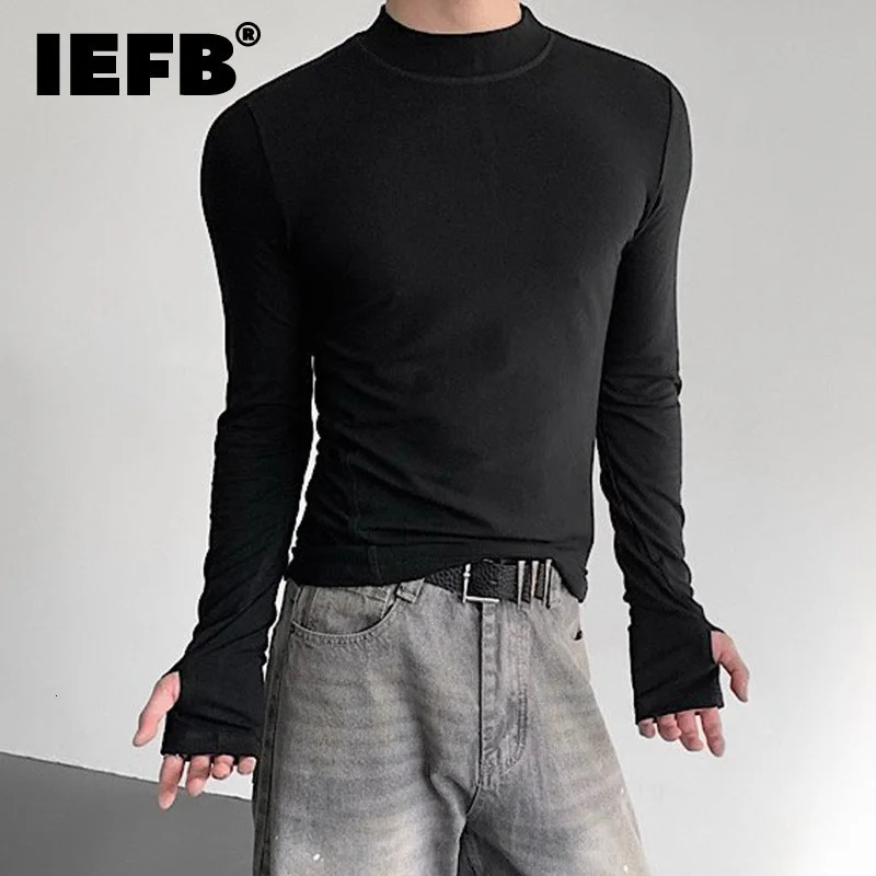 IEFB Simple Mens T-shirts Solid Color Mock Neck Casual Korean Style Tees Long Sleeved Slim Pullover Male All-match Tops 9X221 260522BJ