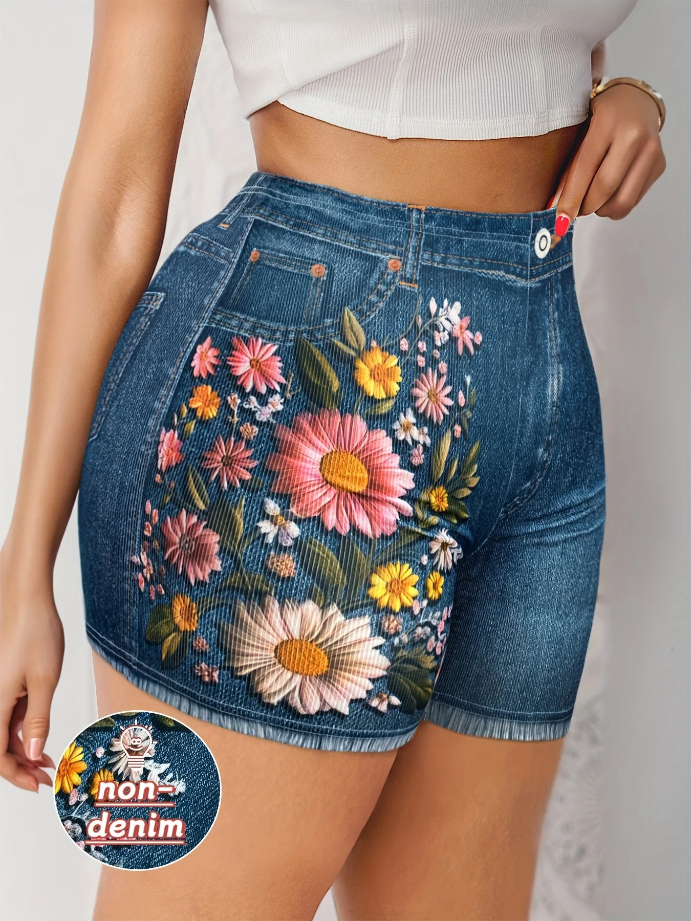 Womens Stretch Denim Like Shorts with Floral Print n Casual Versatile Summer Style 260515BANJIA