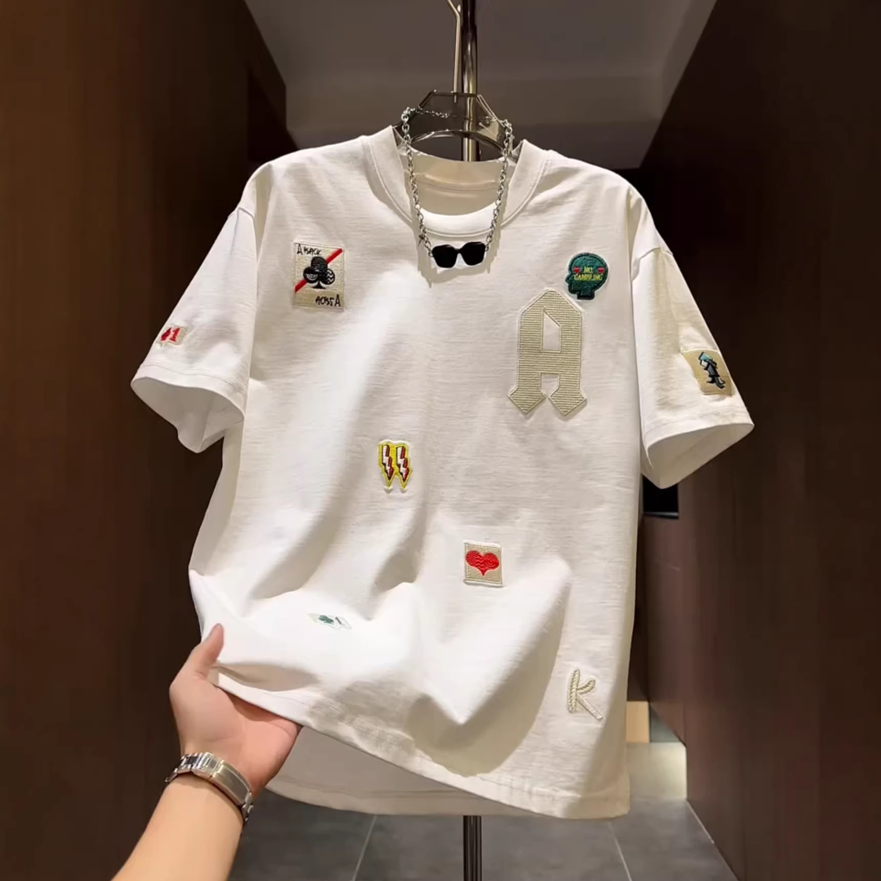 Luxury Brand Designer 2026 Summer White Multi-Patch Letter Embroidery T-Shirt Round Neck Casual Streetwear Trendy Cool Breathable Short Sleeve Daily