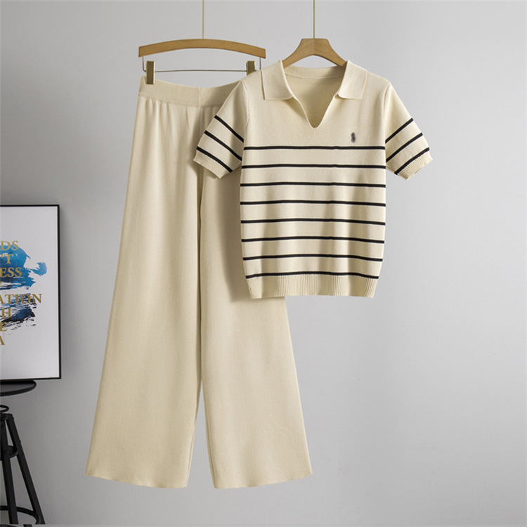 Women's Knitted Two Piece Sets Summer Designer Brand Embroidery Striped Polos Collar Short Sleeve Tops and Wide-leg pants Suit Woman Womens-image-1107360695