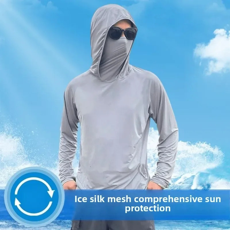 Summer Mens Hooded Sunscreen Clothing Long Sleeves Ultra-thin Ice Silk Coolchill Fabric Outdoor Cycling Fishing Mesh Pullover 260522BJ