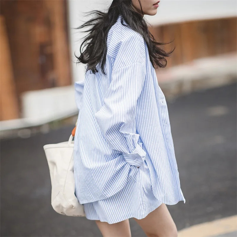 Maden Womens Blue White Striped Shirt and Shorts Sets Loose Casual French Classic Summer Suit Elegant Matching Two Piece Set 260520BJ