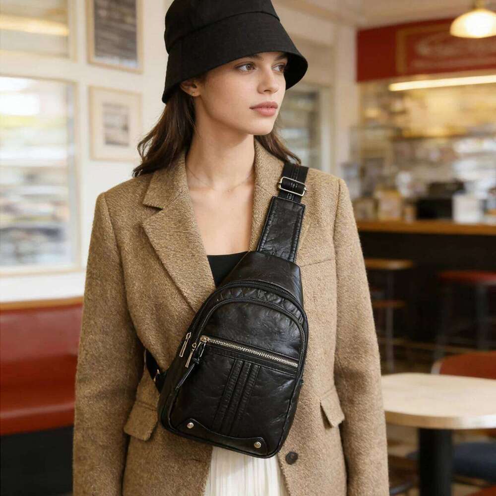 2026 New Women's Chest Bag, Soft Leather Multifunctional Backpack, Trendy Waterproof Shoulder Bag 46e59