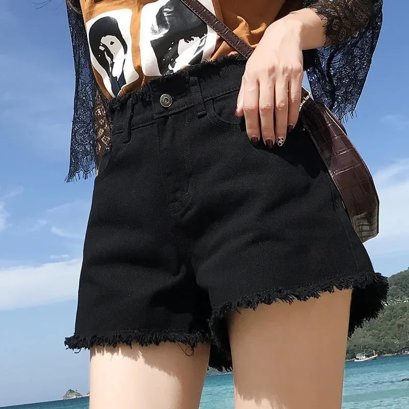 Spring Summer Women Denim Shorts Wide Leg Short Jeans Fashion Female High Waist Black Tassels Caual Girls 260515BANJIA