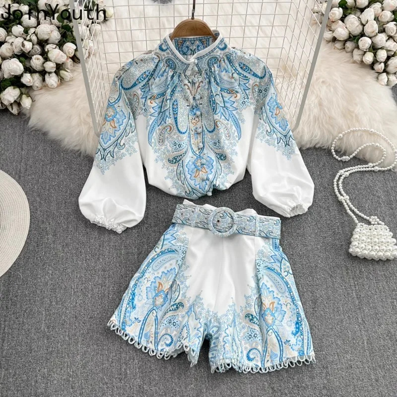 Korean 2 Piece Sets Women Clothes Stand Neck Single Breasted Shirt High Waist Wide Leg Pants Suit Vintage Floral Summer Outfits 260520BJ