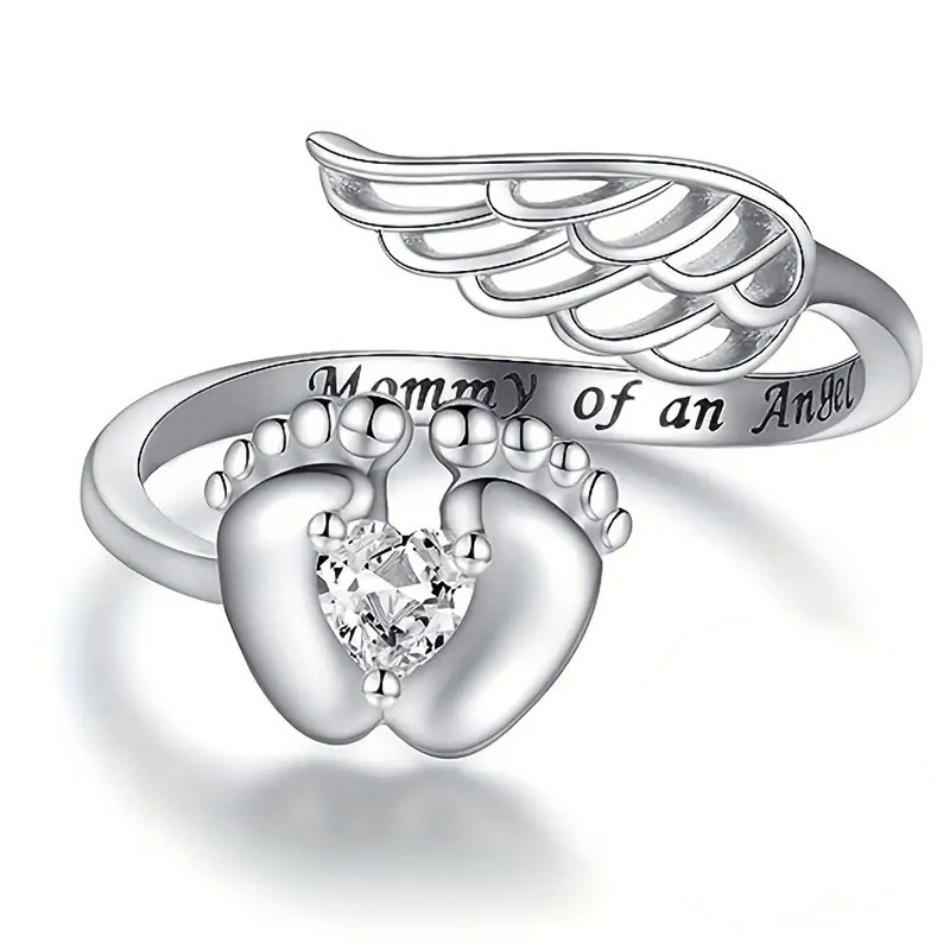 Designer Luxury "Mommy of an Angel" Memorial Ring, Silver Tone Footprint & Angel Wing Ring with Heart Cubic Zirconia, Sympathy Jewelry-image-1107381624