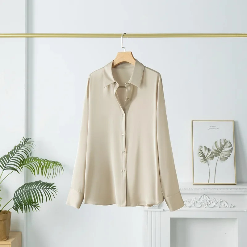 Silk Shirt Women Spring Office Style Simple Mulberry Long Sleeve Solid Color Square Collar Cardigan Loose 260515BANJIA