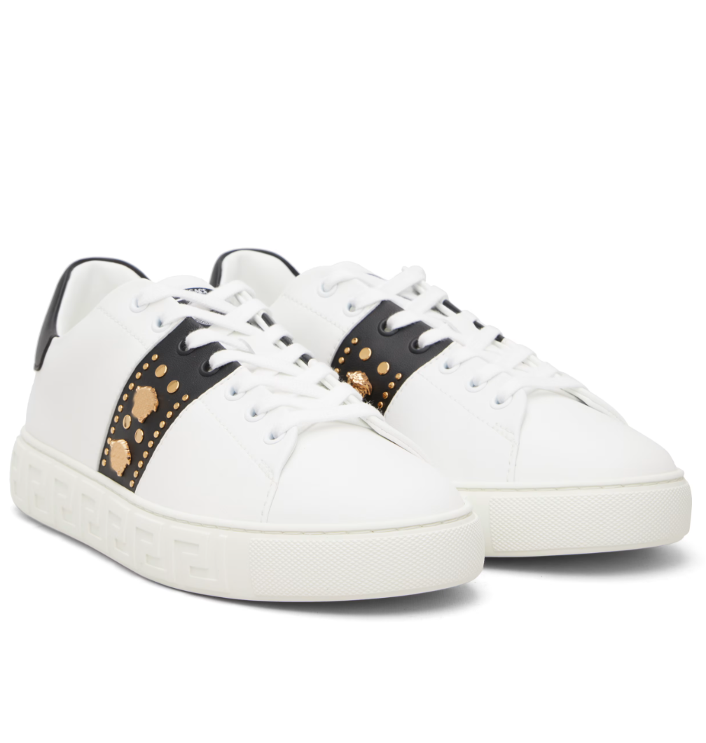 Top Quality Men Biggie Greca Trainers Embellished Nylon Faux-Leather Sneakers Golden Hardware Studs White Black Calf Leather Man Skateboard Walking