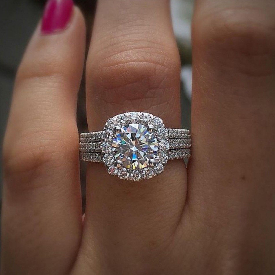 Designer Luxury Silver Tone Round Cut Cubic Zirconia Bridal Ring Set, Halo Engagement Ring with Triple-Row Pave Band, High-End Wedding Jewelry fo-image-1107345138