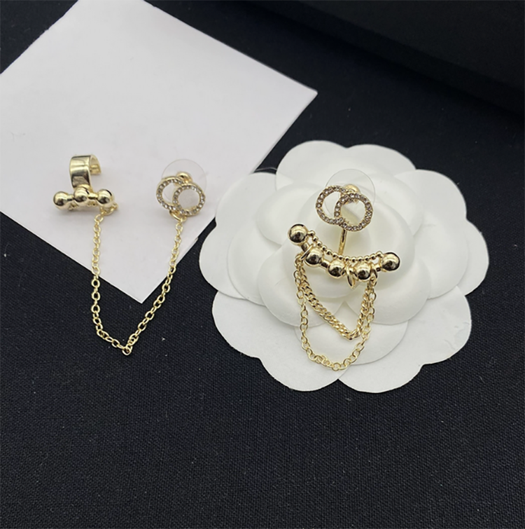 Fashion Tassel Chain Earring Stud Ear Clip Luxury Designer Brass Copper Stamp Earrings Rhinestone Letter Women Wedding Party High Quality Jewelry