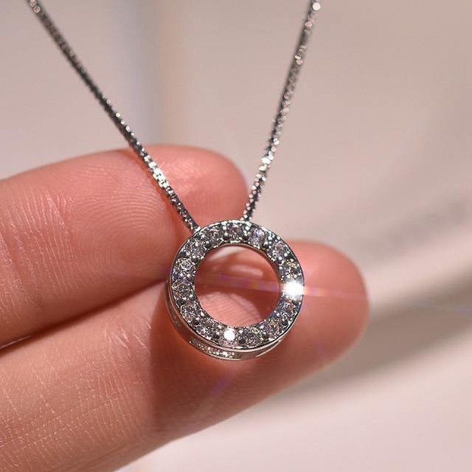 Designer Luxury Circle Pendant Necklace, Mixed CZ Zircon, Silver Plated Box Chain, Elegant Style, For Daily, Office, Party & Wedding Wear Women-image-1107361419
