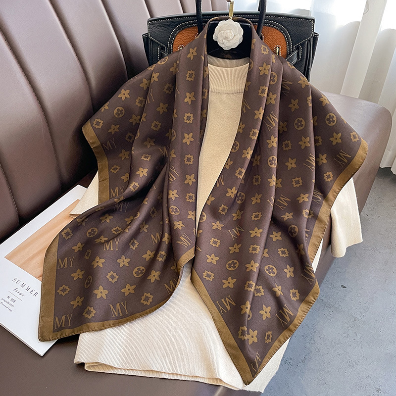 2026newLuxury Brand Designer Wo New Korean Style Monogram Print 90cm Square Scarf Imitation Silk Soft Versatile Shawl Headband Bag Tie Fashion Neck