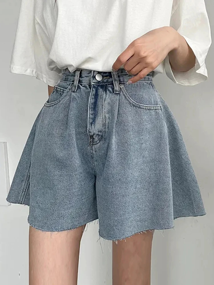 High Waist Wide Leg Loose Denim Shorts For Women 2024 Summer Arrivals Korean Style Streetwear Blue Jeans With Pockets 260515BANJIA