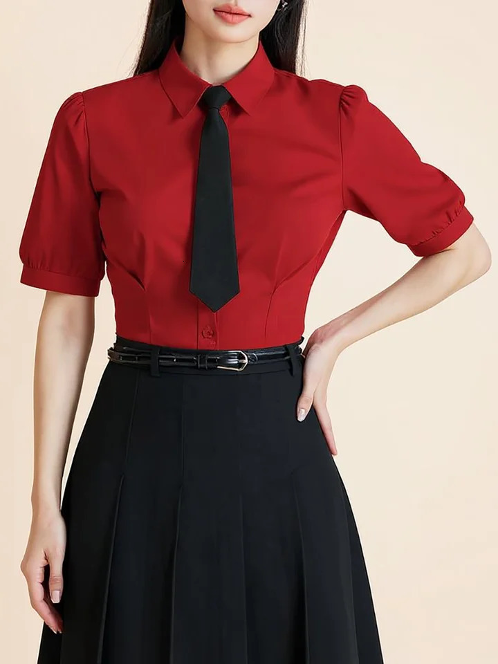 Womens Shirt Turn Down Collar Short Sleeve Tie Puff Solid Fitted Tops Preppy Spring Summer Chic Daily Light 260515BANJIA