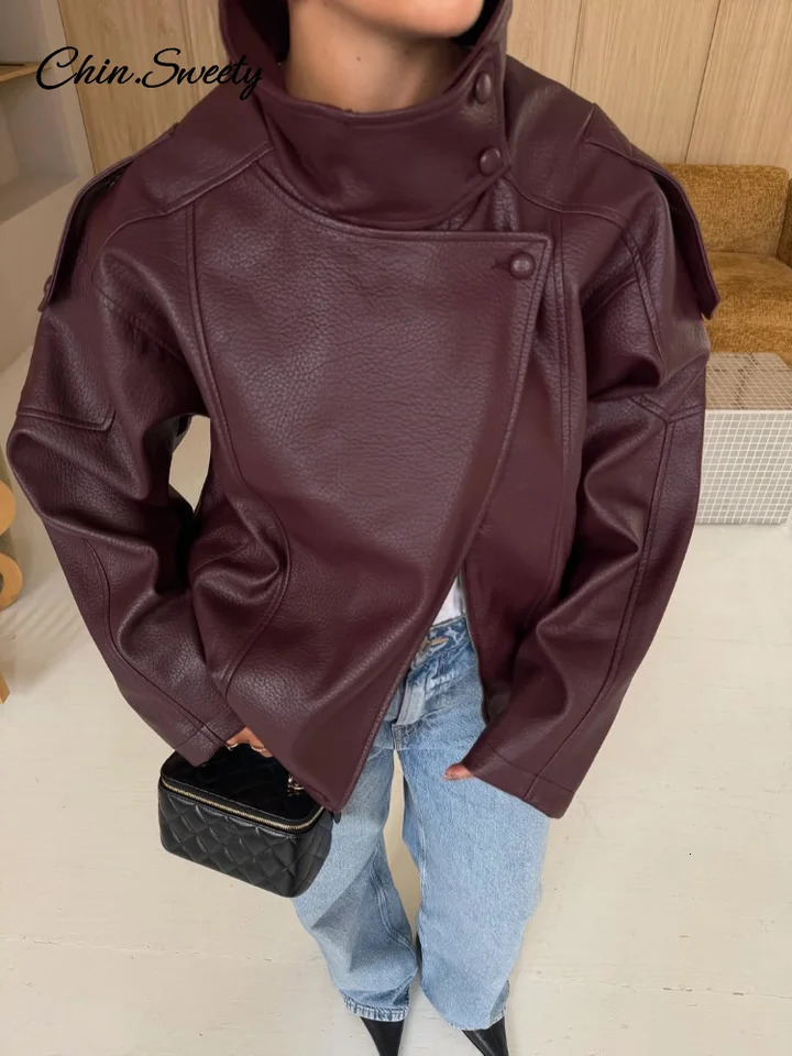 Vintage Stand Neck Leather Jacket Women Solid Motorcycle Style Asymmetry Elastic Hem Loose Cropped Jackets Lady Outwear 2026 260520BJ