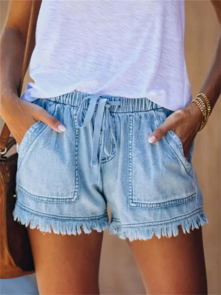 Womens Denim Shorts Drawstring Elastic Waist Frayed Hem Short Pants Summer Casual Loose Jeans with Pockets 260515BANJIA
