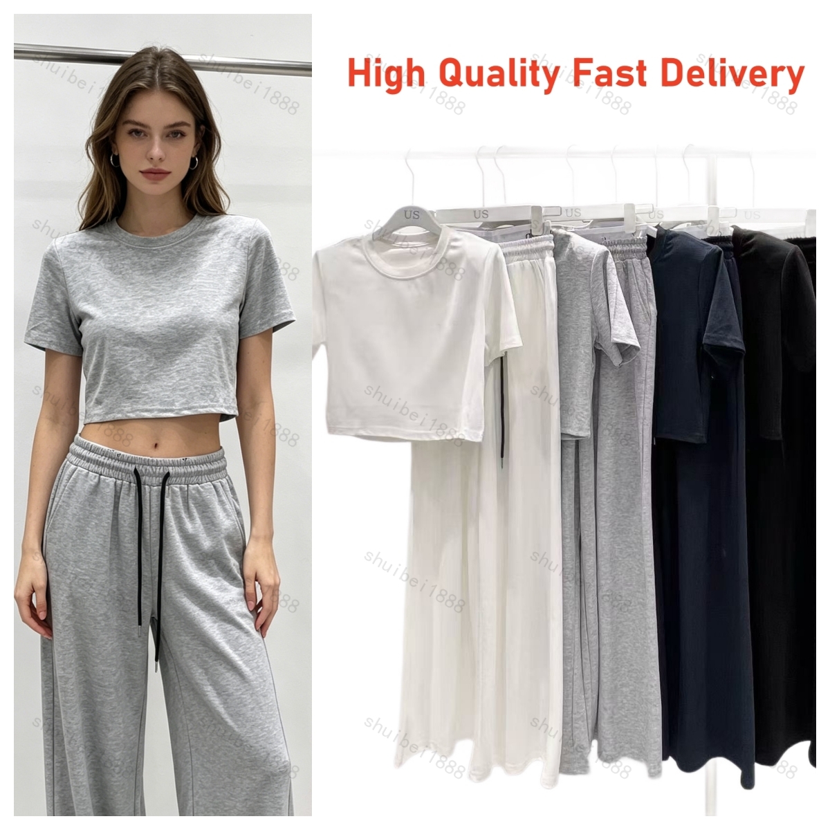 New 26 High Version Letter Printed Two Piece Set Men Short Sleeve T-shirt High Waist Drawstring Wide Leg Pants Casual Outfit-image-971741111
