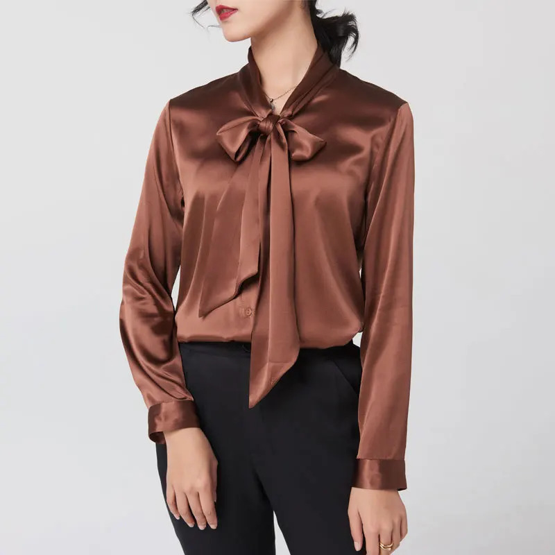 Heavyweight Mulberry Silk Shirt Womens 2025 Spring And Autumn Long Sleeve Satin Blouse Vneck Bow Ribbon 260515BANJIA