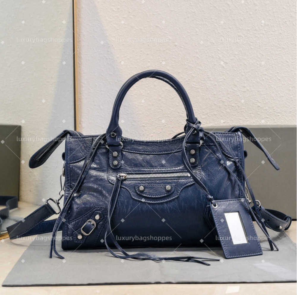 Classic Neo City Motorcycle Tote Bag Genuine Sheepskin Leather Shoulder Handbag with Attached Mirror 31 cm Blue