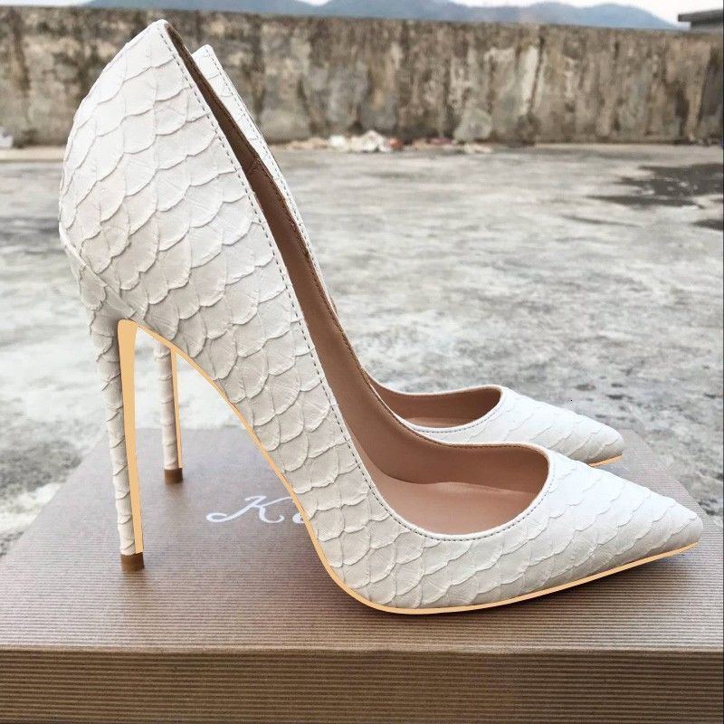 Womens White Snake Print High Heels Pointed Toe Stiletto Pumps With Gold Trim