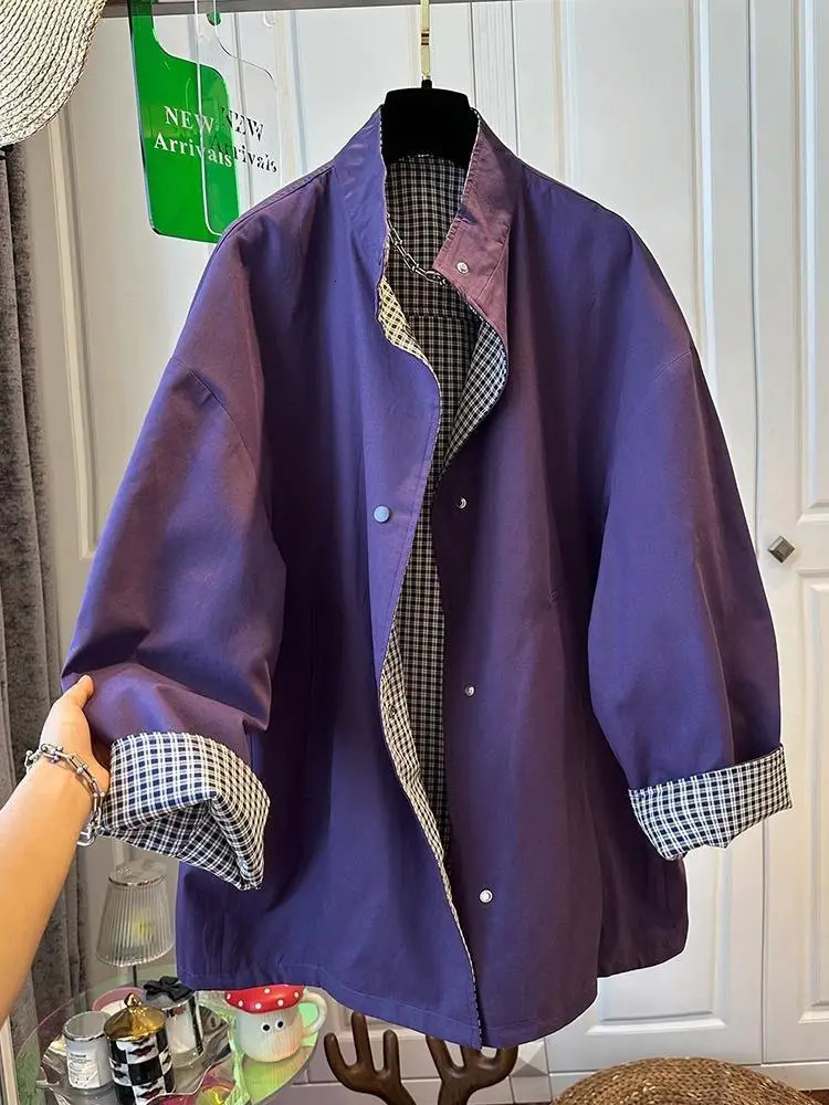 SuperAen Loose Cotton Leather Patchwork Lapel Collar Jackets for Women Fashion Plaid Long-sleeved Spring Coats 260520BJ