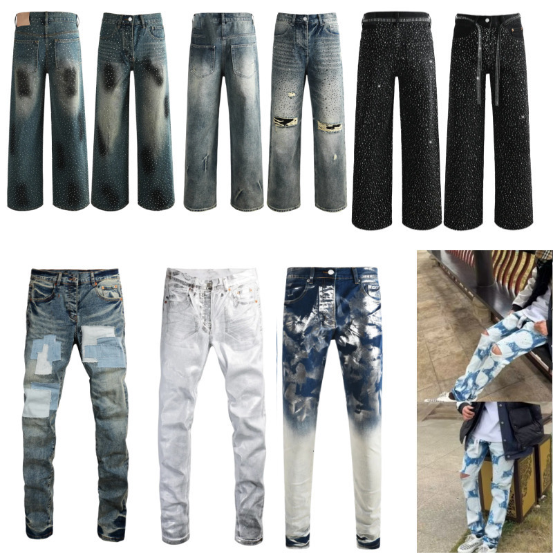 Mens Designer Purples Jeans Fashion Ripped Joggers Baggy Wide Leg Jean Denims For Man Black Hip Hop Distressed Flared Pants High Qua 668-image-1107360415
