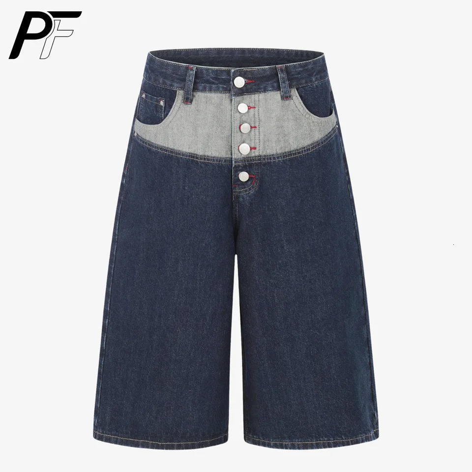 2026 Y2K Vintage Button Fly Cropped Pants Color Block Patchwork Baggy Wide Leg Denim Shorts American Style Casual Trousers 260515BANJIA