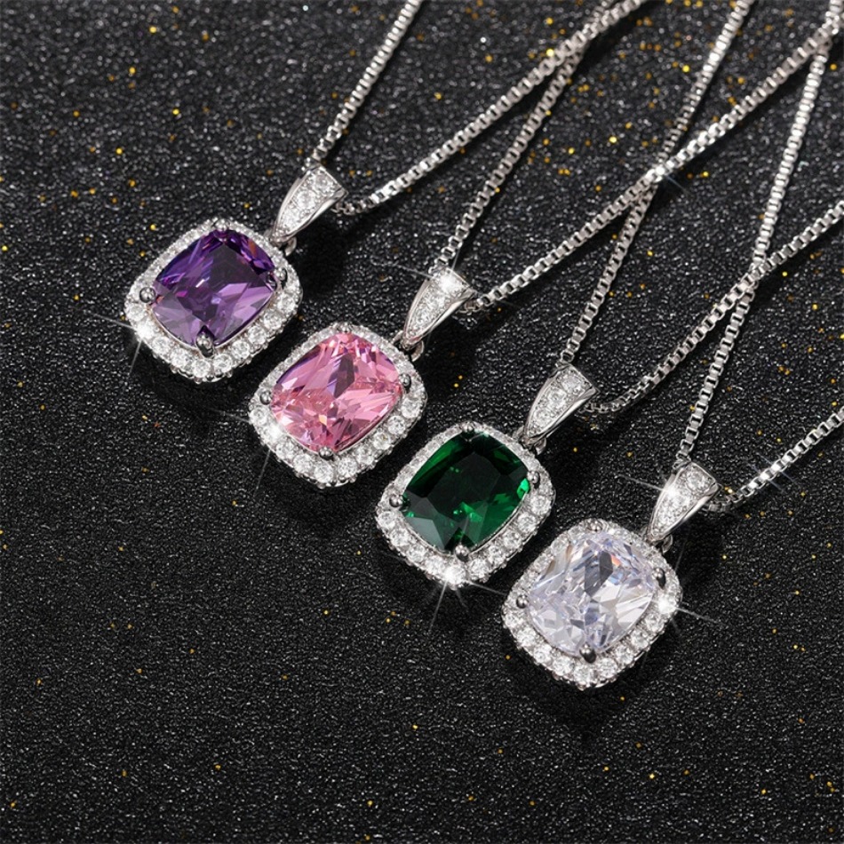 Designer Luxury Cushion Cut Pendant Necklace, Mixed CZ Zircon, Silver Plated Box Chain, Elegant Style, For Daily, Office, Party & Wedding Wear Wo-image-1107395206