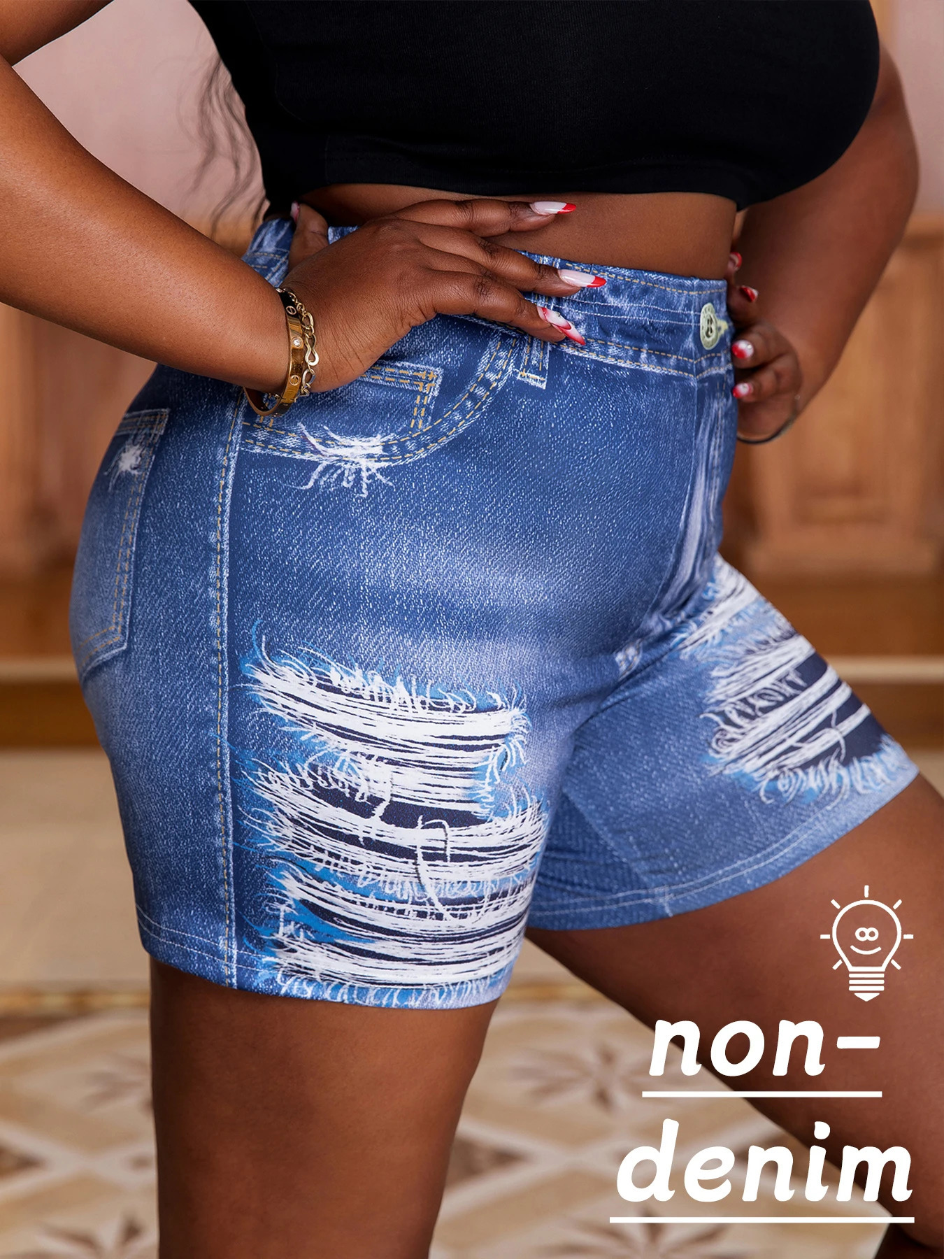 Plus Size Womens DenimLook Printed Shorts Trendy Ripped Effect Comfortable Tight Fit Casual Chic Summer Pants 260515BANJIA