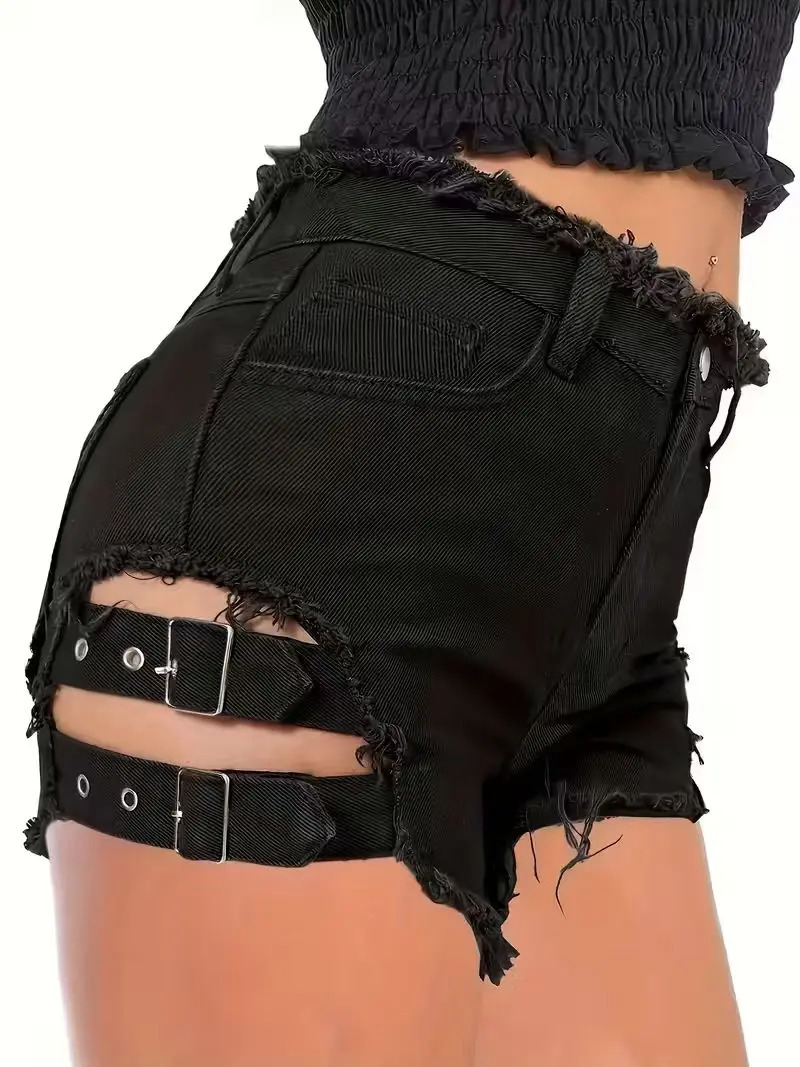 Womens Black Denim Shorts Low Waisted Frayed Hem Adjustable Buckle Straps Cutout Sexy Clubwear Party Mini Pants 260515BANJIA