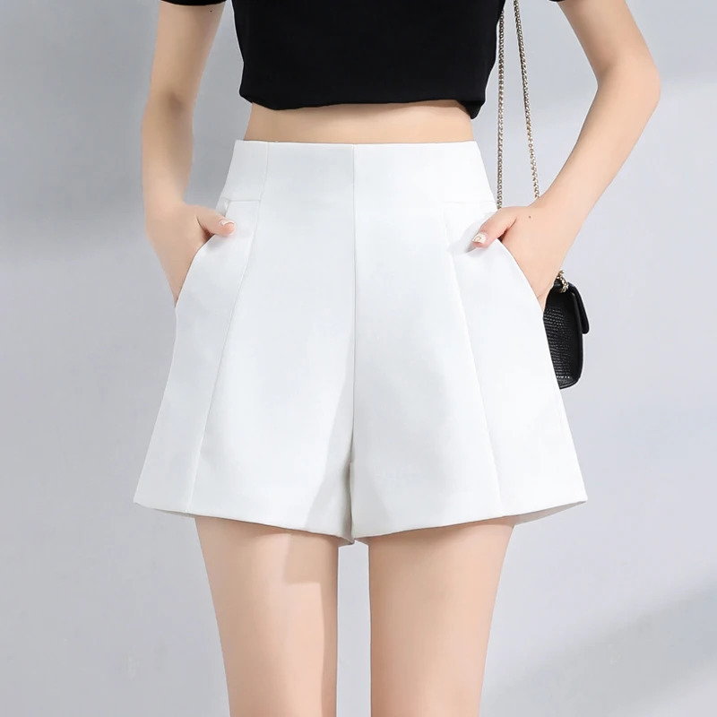 Suit Short High Waist Aline Spring Summer Casual Loose Wide Leg Chiffon Lady Black White 260515BANJIA