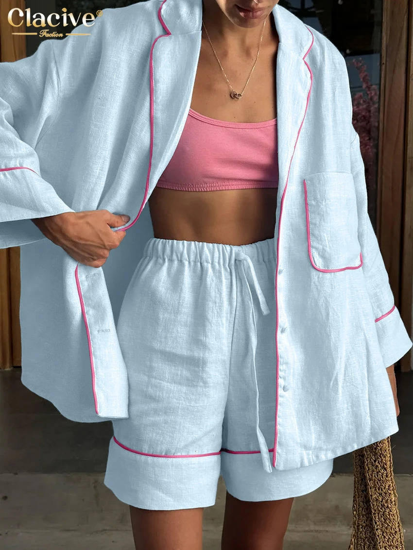 Clacive Fashion Loose Blue Cotton Home Womens Two Pieces Set Elegant Long Sleeve Shirt With High Waist Shorts Set Female 260520BJ