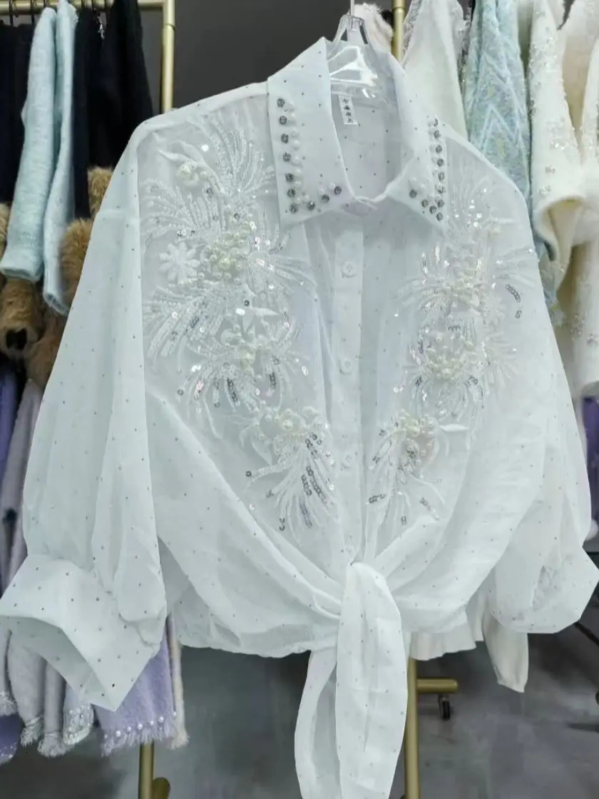 y Diamonds Sequined Sunscreen Blouses Shirt 2026 Spring Summer Half Sleeve Fashion Tops Camisas De Mujer 260515BANJIA