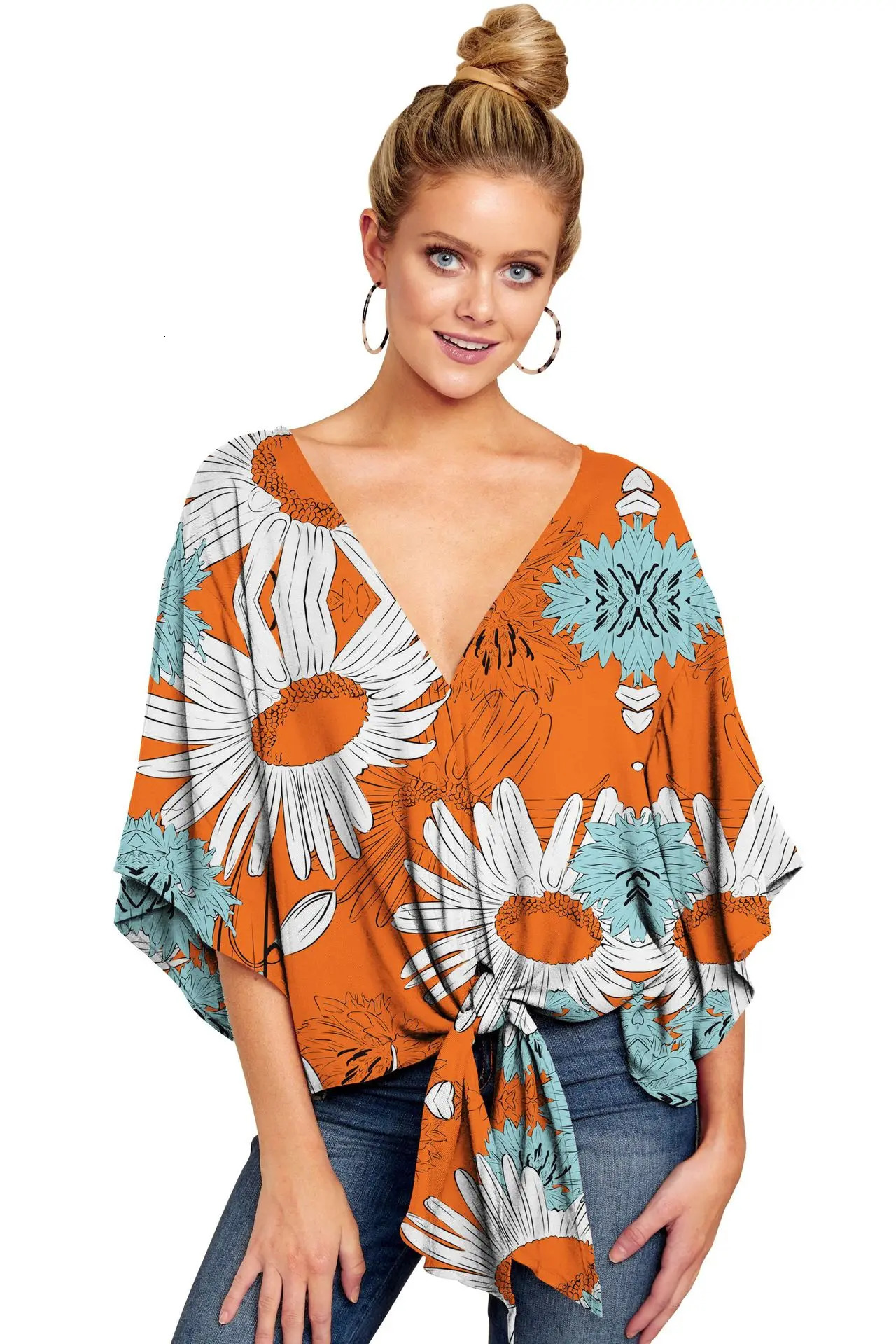 Spring and Summer Personality Sunflower Black White Striped Printed Womens Plus Size VNeck Short Sleeve Tied Chiffon Top 260515BANJIA