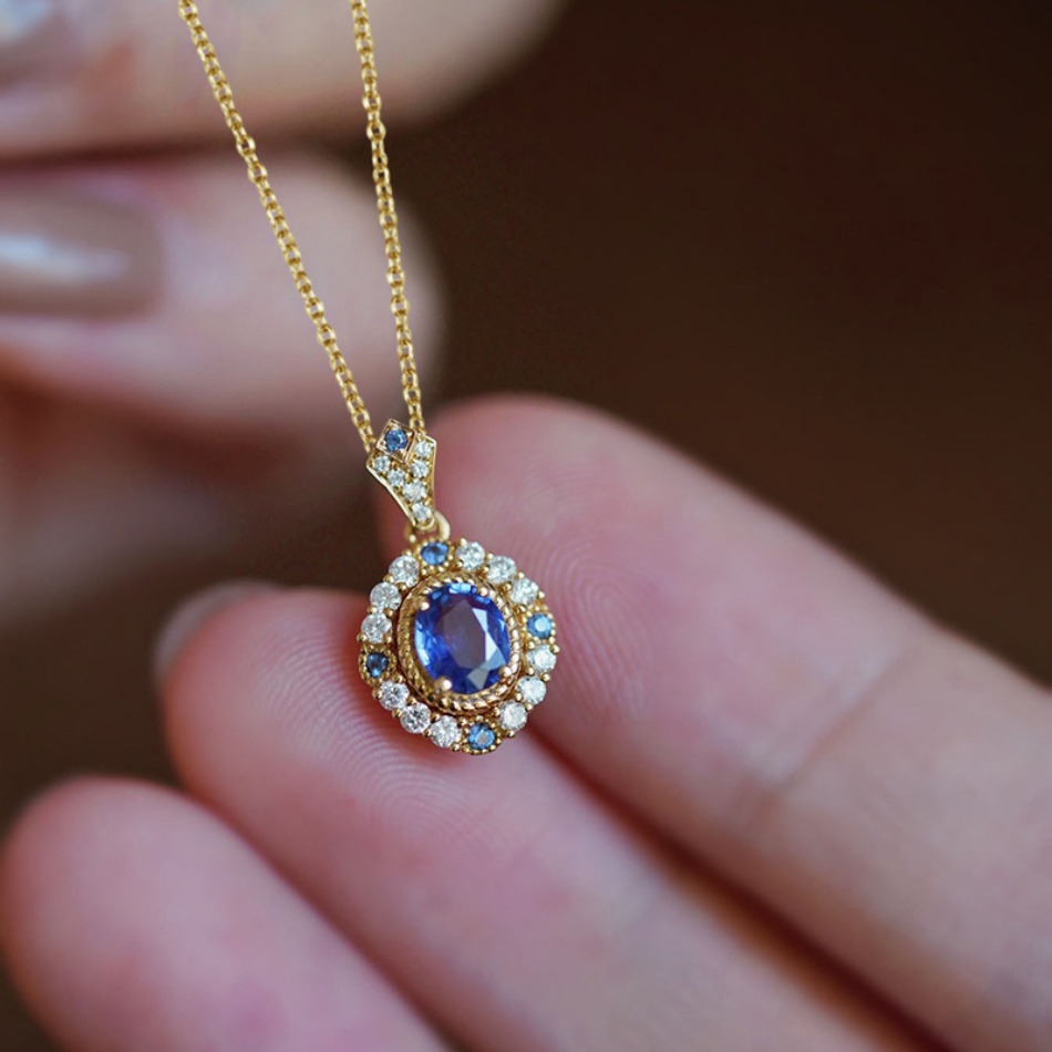 Designer Luxury Oval Blue Sapphire Color Zircon Pendant Necklace, Gold Plated Box Chain, Vintage Elegant Style, For Daily, Office, Party & Weddin-image-1107340174