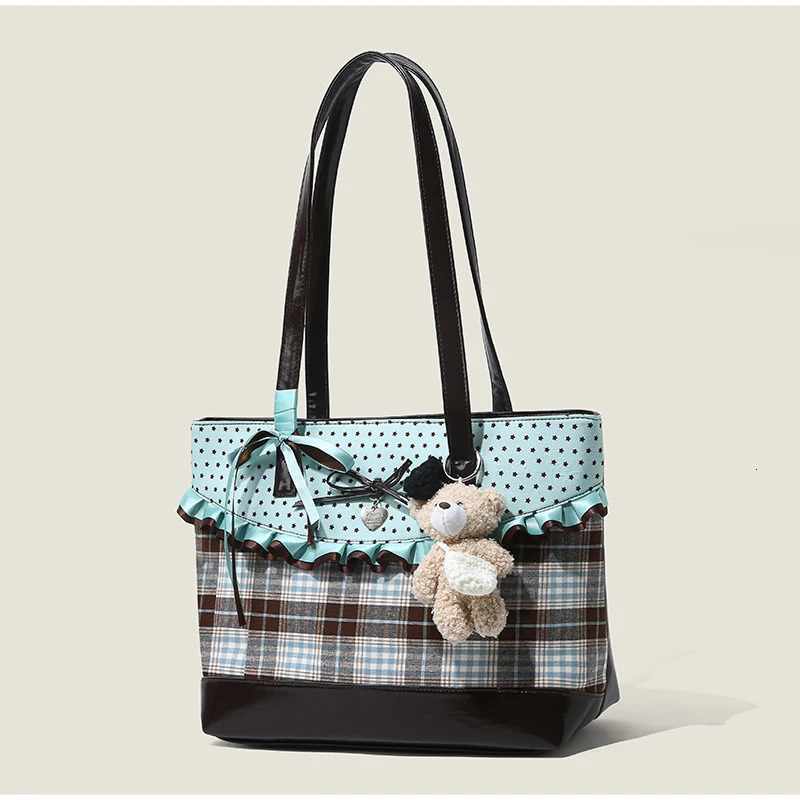 Korean Mint Green Chocolate Color Patchwork Handbag Plaid Canvas Tote Bag Women Polka Dot Sweet Bow Lace Capacity Shoulder Bag 260522BJ