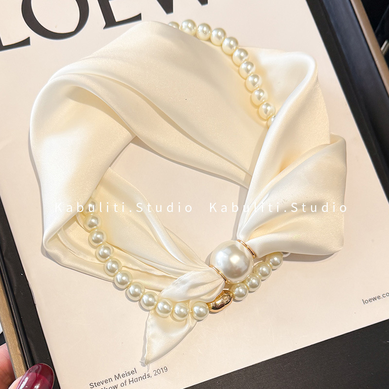 Designer's Luxurious Silk Scarf With Magnetic Buckle Pearl Necklace Long And Elegant Scarf Women's Neck Warm And Thin Scarf High-quality A
