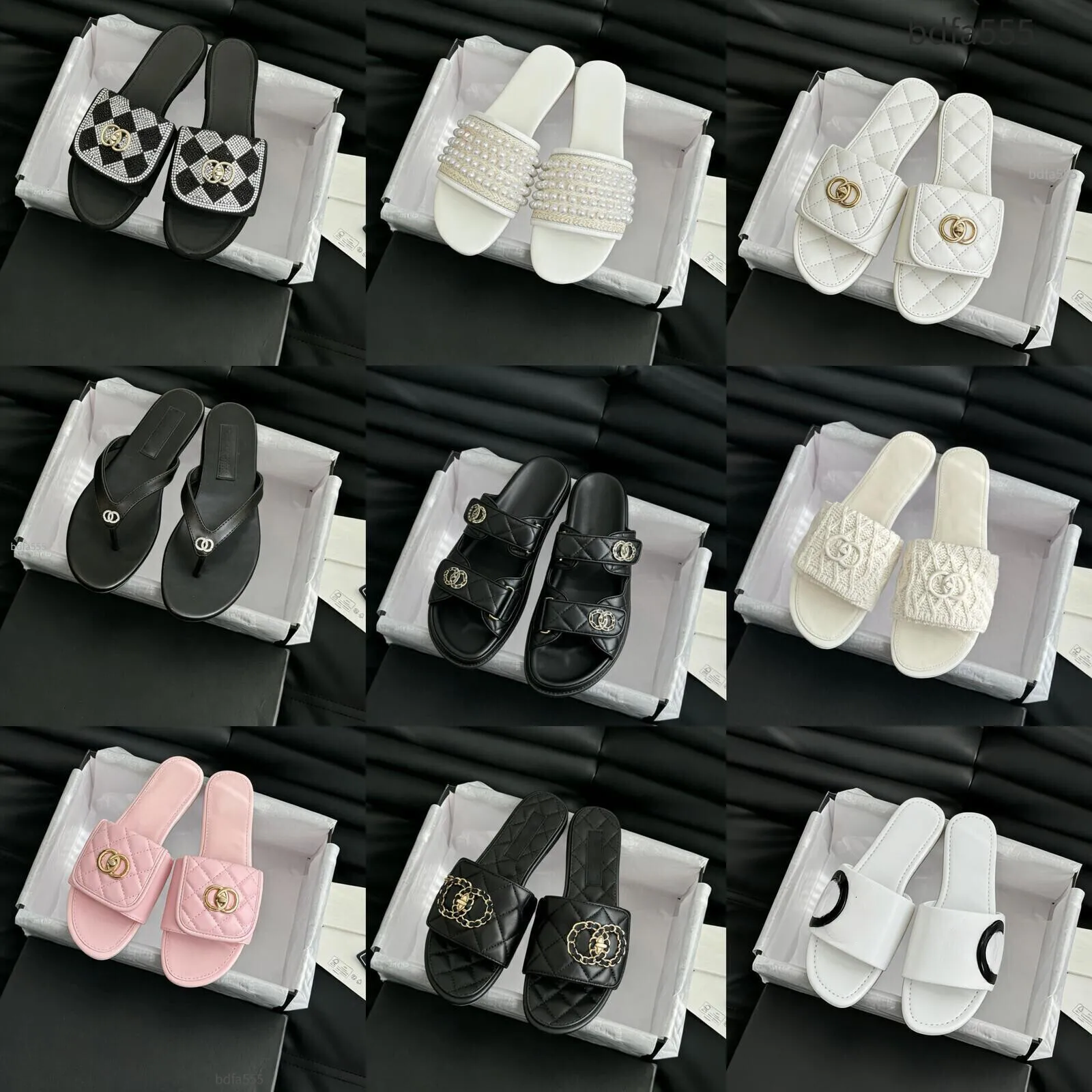 Quality Women Calfskin Sandals Quilted Summer Designer Sandles Shoes Platform Flats Low Heel Wedge Diamond Buckle Sandal Slipper Size35-42