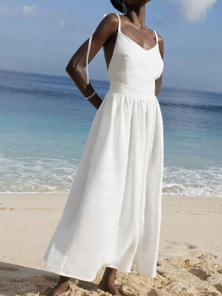 (259) New Spring Arrival: Elegant Sexy Solid-Color Forest-Style High-Waisted Strappy Dress-image-1107463920